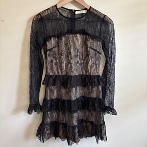 IVIVI Black Floral Lace Tiered Ruffle Mini Dress Long Sleeve Nude Lining Size M